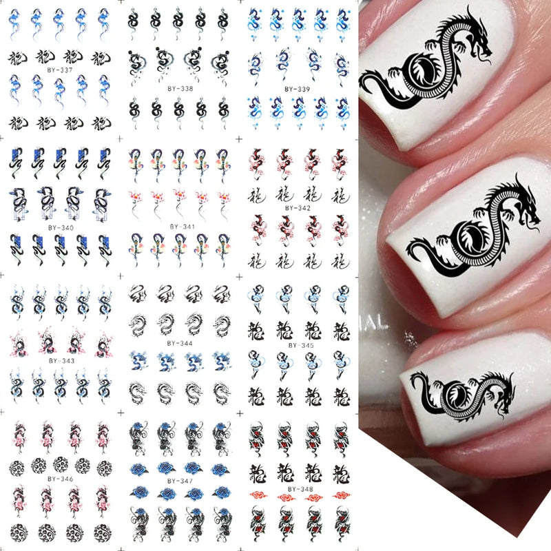 12PCS Summer Nail Art Stickers – Ink Flowers, Leaves & Graffiti Water Decals Set