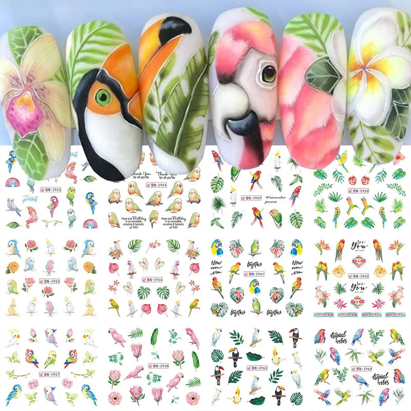 12PCS Summer Nail Art Stickers – Ink Flowers, Leaves & Graffiti Water Decals Set