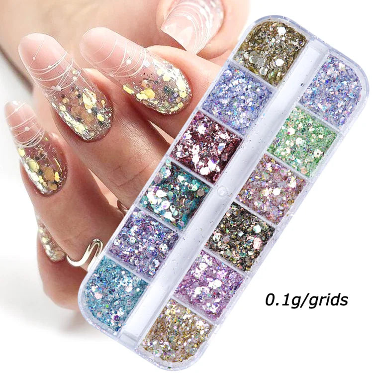 Mirror Iridescent Hexagon Glitter – 12-Grid Holographic Nail Art Sequins Set