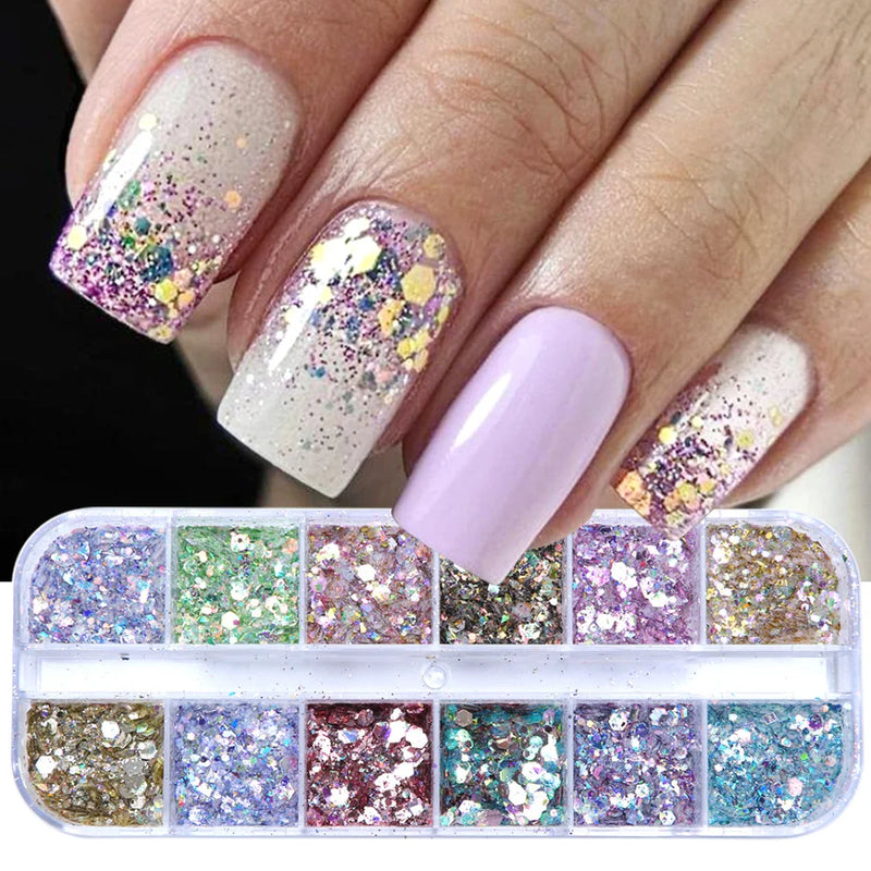 Mirror Iridescent Hexagon Glitter – 12-Grid Holographic Nail Art Sequins Set