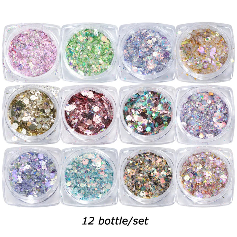 Mirror Iridescent Hexagon Glitter – 12-Grid Holographic Nail Art Sequins Set