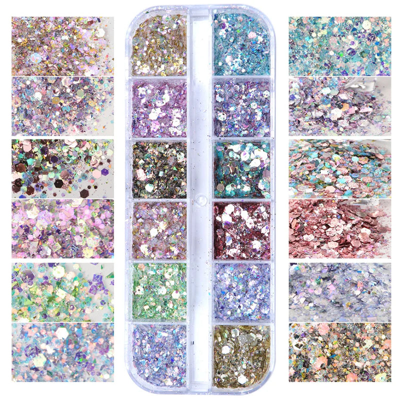 Mirror Iridescent Hexagon Glitter – 12-Grid Holographic Nail Art Sequins Set