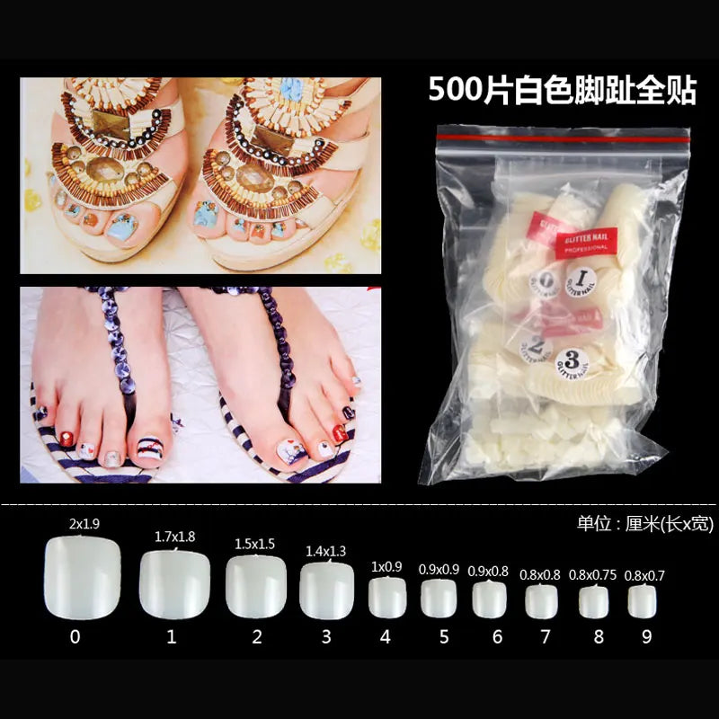 500pcs Acrylic Toe False Nails – Natural/White/Clear Full Cover Nail Tips for Foot Pedicure