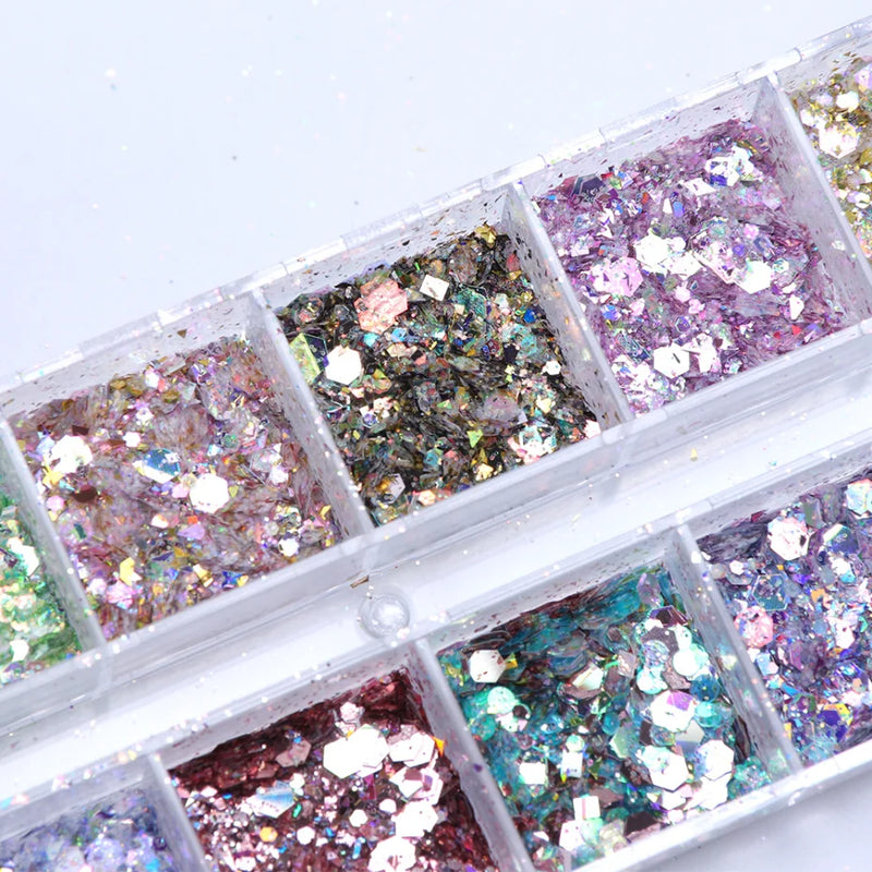 Mirror Iridescent Hexagon Glitter – 12-Grid Holographic Nail Art Sequins Set