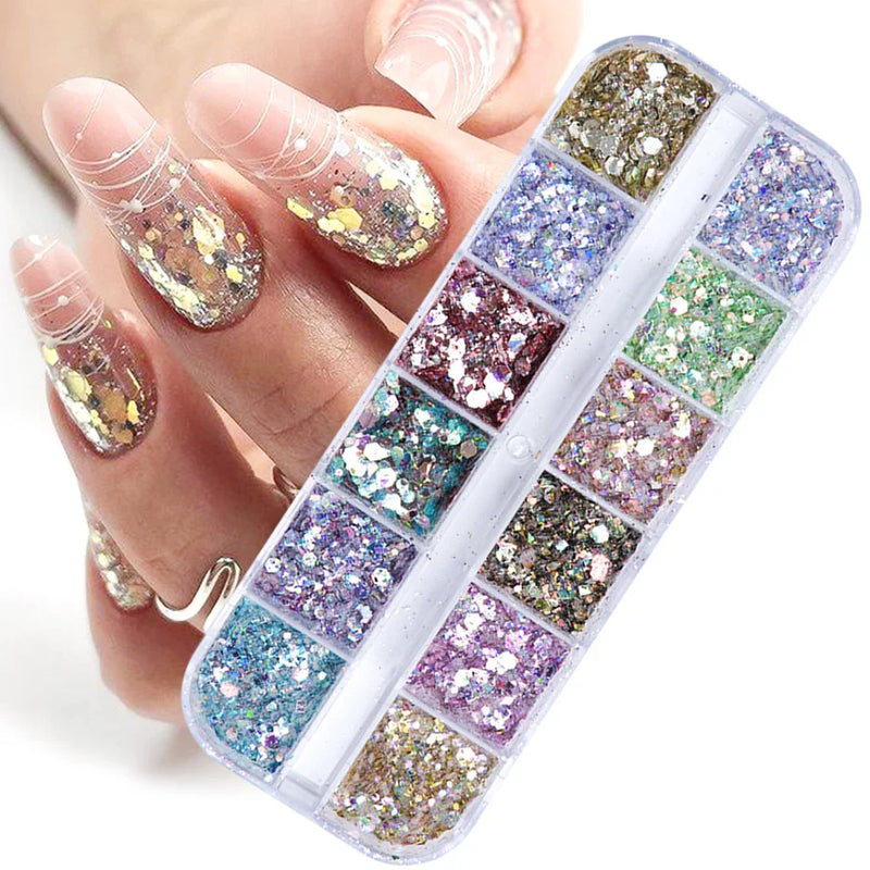 Mirror Iridescent Hexagon Glitter – 12-Grid Holographic Nail Art Sequins Set