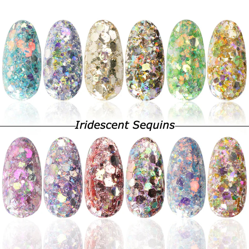 Mirror Iridescent Hexagon Glitter – 12-Grid Holographic Nail Art Sequins Set