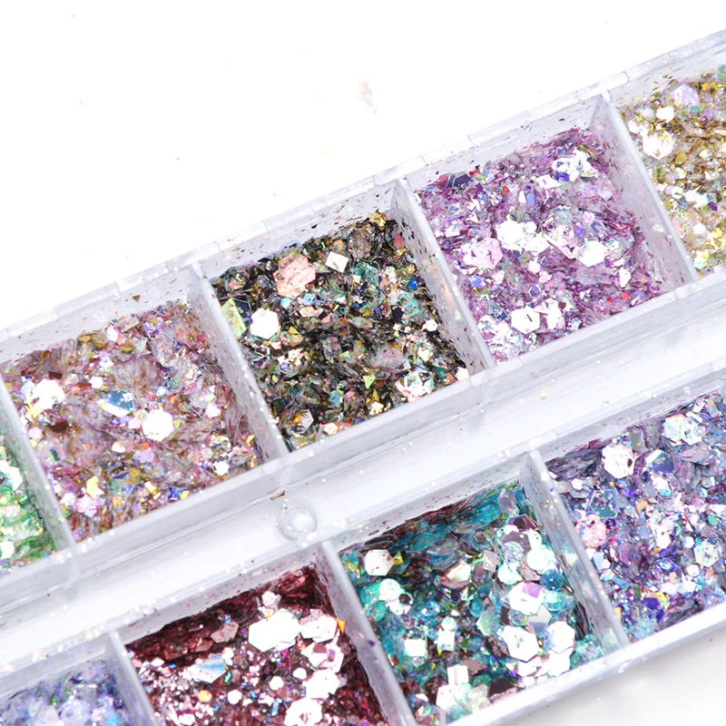 Mirror Iridescent Hexagon Glitter – 12-Grid Holographic Nail Art Sequins Set