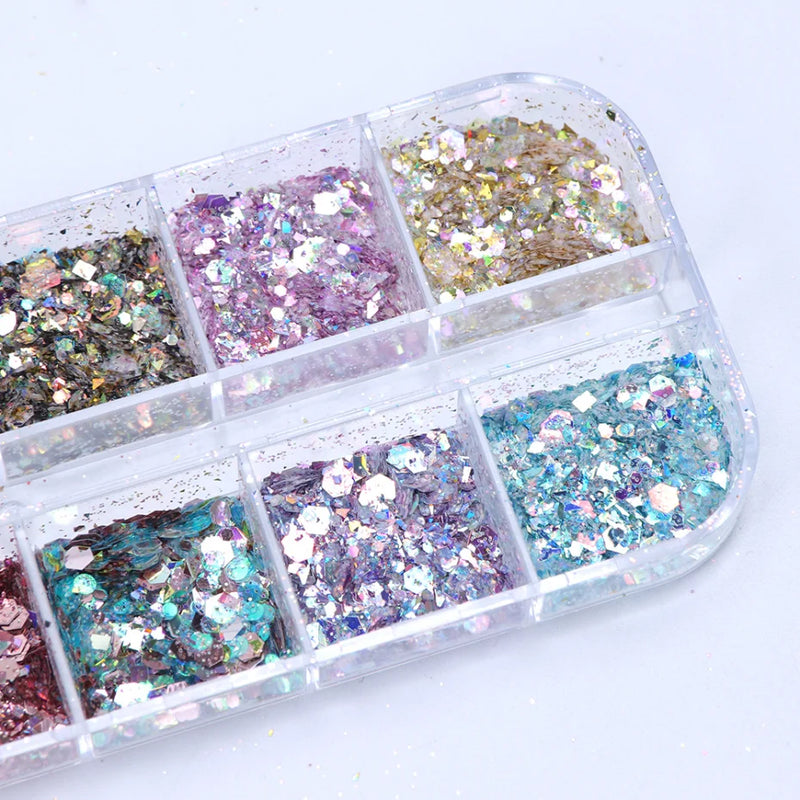 Mirror Iridescent Hexagon Glitter – 12-Grid Holographic Nail Art Sequins Set