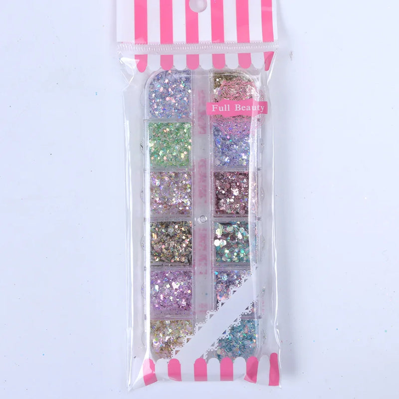Mirror Iridescent Hexagon Glitter – 12-Grid Holographic Nail Art Sequins Set