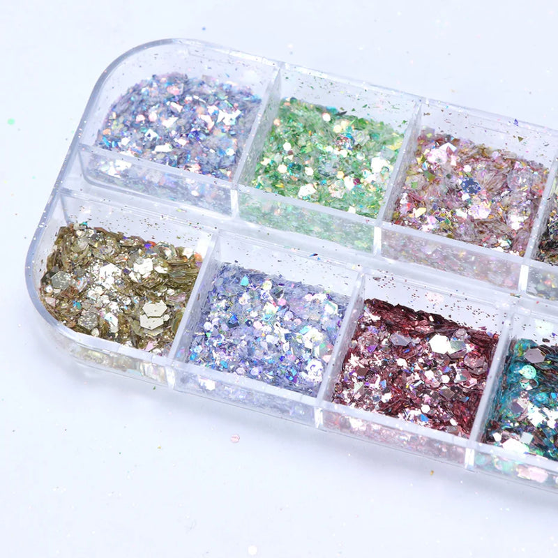 Mirror Iridescent Hexagon Glitter – 12-Grid Holographic Nail Art Sequins Set