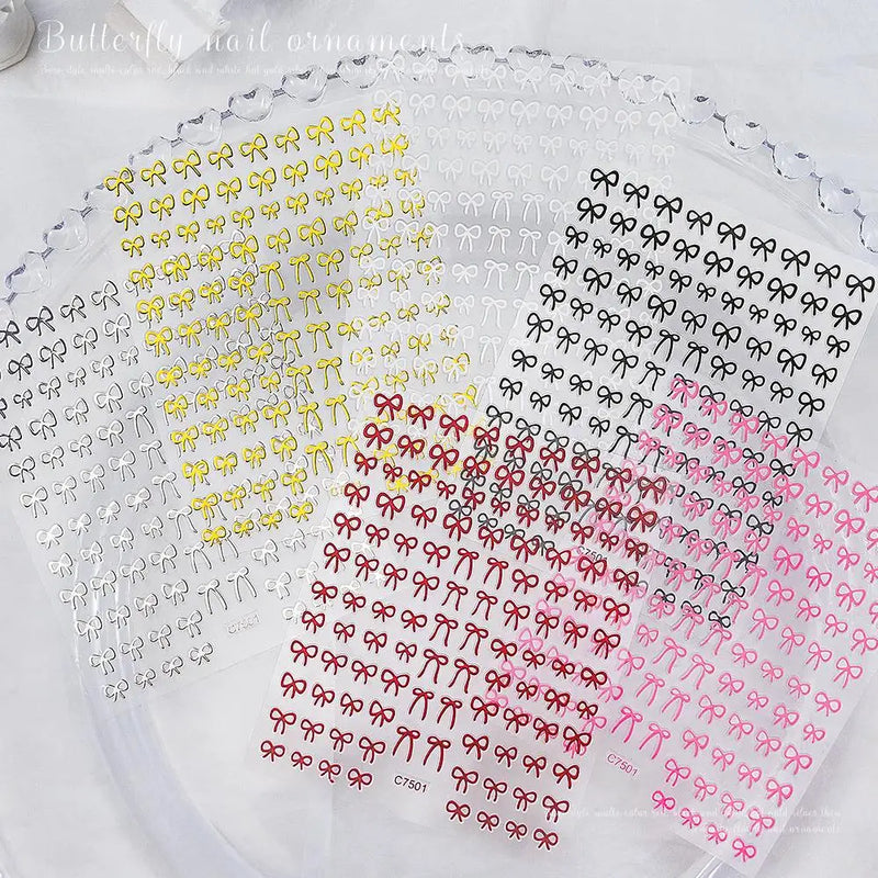 6 Sheets Ribbon Bowknots Nail Stickers - Cute 3D Bow Decals in Gold, Silver & Pink