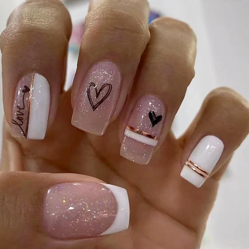 24pcs Short Round Full Cover Detachable Press-On Nails - French Blue & Pearl White with Heart Design