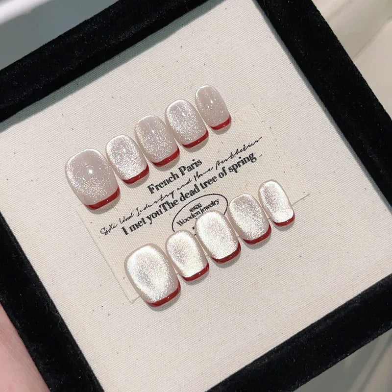 10Pcs Handmade Short Press-On Nails – Pure Colour French Round Full Cover False Nails with Glue