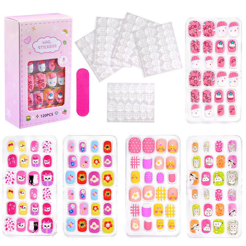 120Pcs Cartoon Children’s False Nail Set – Cute & Colourful Nail Tips with Jelly Glue