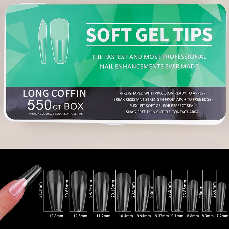 550pcs Soft Gel Nail Tips Set – Full Cover Matte Press-On Tips in Almond & Coffin Shapes