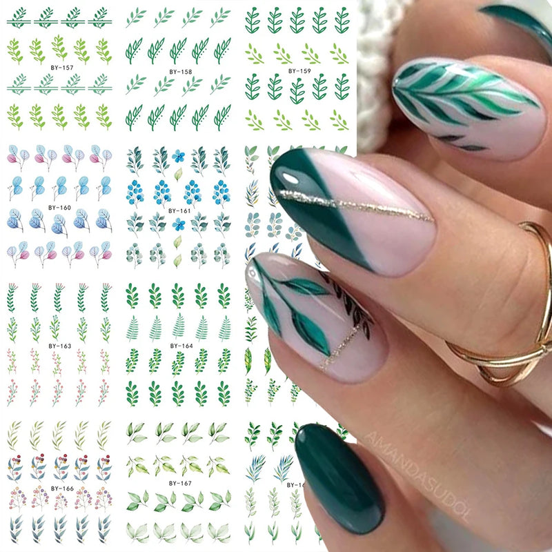 12PCS Summer Nail Art Stickers – Ink Flowers, Leaves & Graffiti Water Decals Set