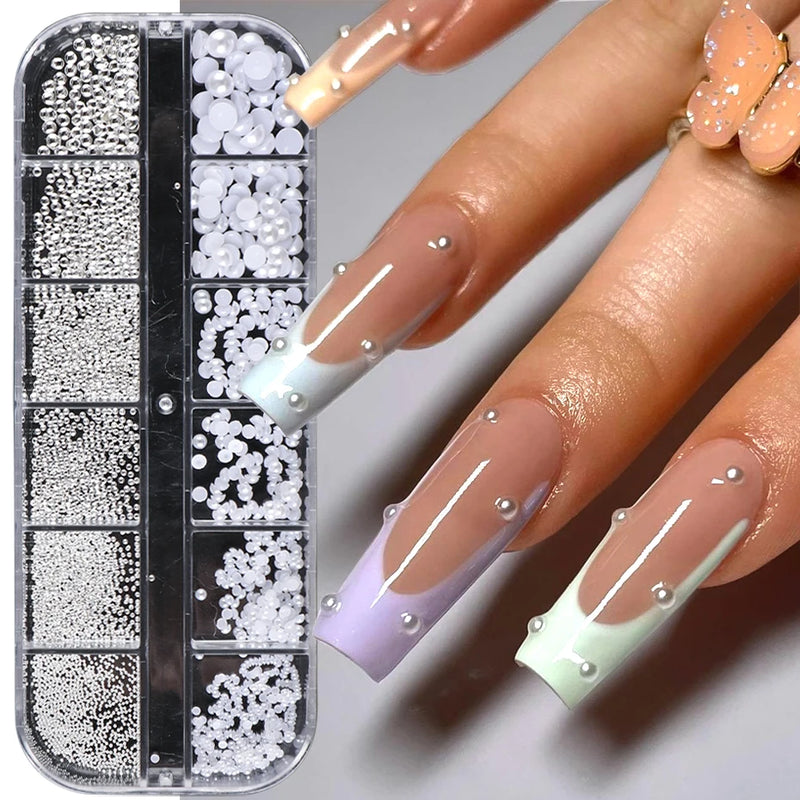 White Pearl Nail Art Rhinestones – Mixed Size Half Round Flatback Beads (12 Grids, Acrylic Stones)