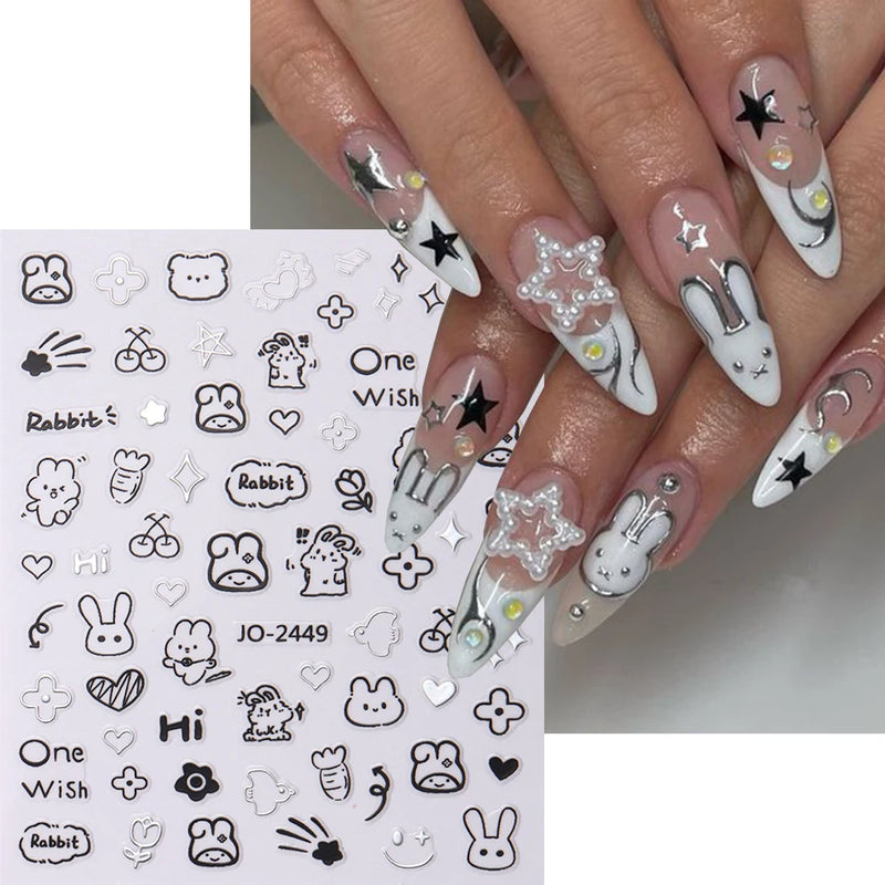 2pcs Cartoon Cat Holographic Nail Stickers – Childlike Heart & Star Designs in Silver Chrome