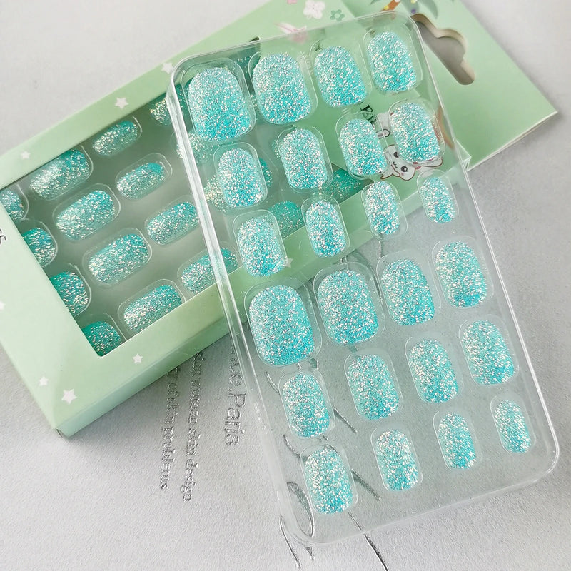 24Pcs Kids Press-On Nails – Glitter Bling Fake Nail Tips, DIY Manicure for Girls Aged 6+
