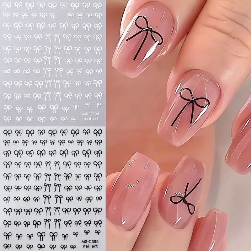 Mini Bowknot Nail Art Stickers – Self-Adhesive Lace Ribbon & Butterfly Decals, Black/White/Pink