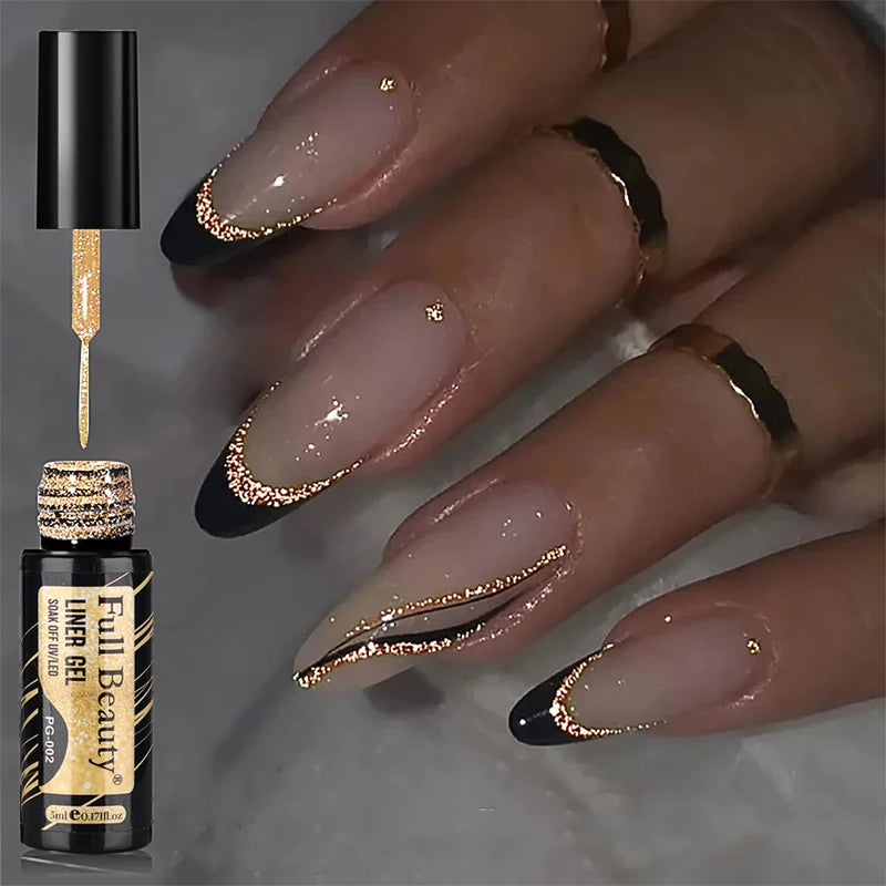 Champagne Gold & Silver Glitter Liner Gel – 5ml Super Bright French Line Nail Art Polish