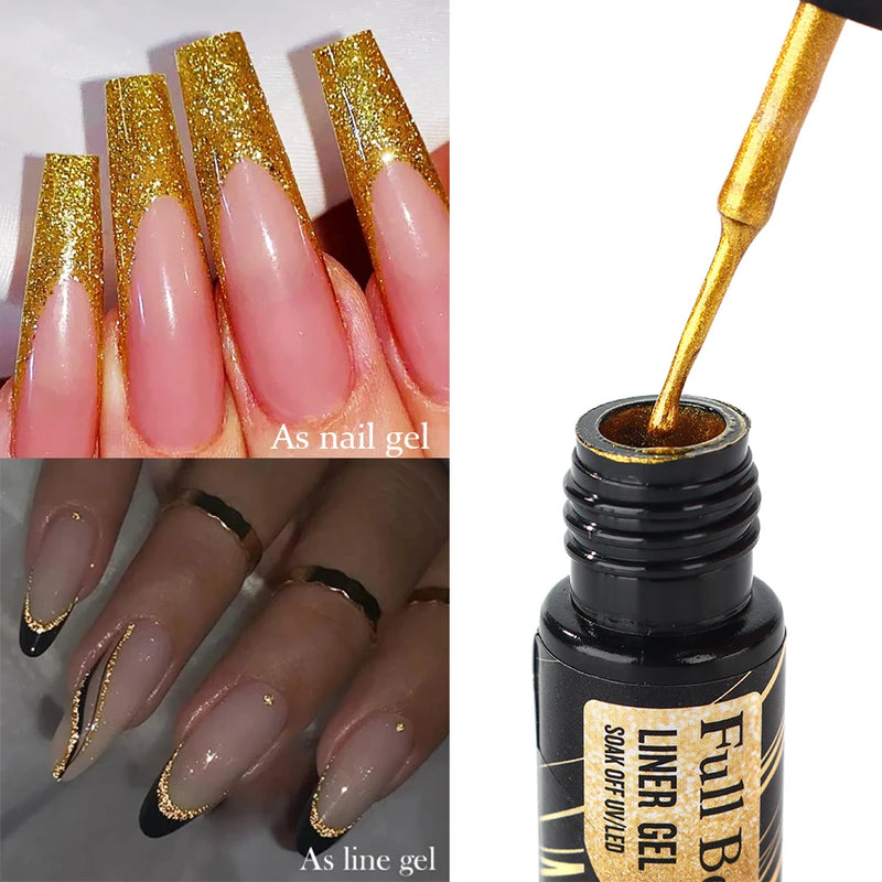 Champagne Gold & Silver Glitter Liner Gel – 5ml Super Bright French Line Nail Art Polish