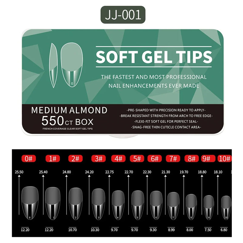 550pcs Soft Gel Nail Tips – Medium Short Almond & Coffin Full Cover Matte Extension for DIY Manicure