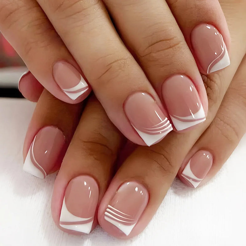 24pcs Short Round Full Cover Detachable Press-On Nails - French Blue & Pearl White with Heart Design