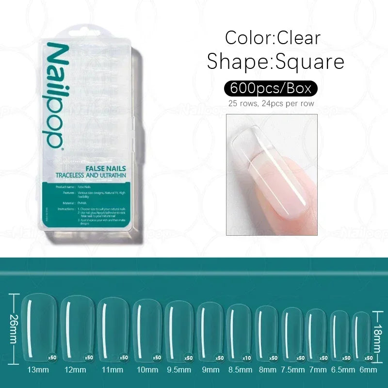 600PCS PRO Full Cover Fake Nail Tips – Clear, Matte & Semi-Matte Acrylic Nail Extensions