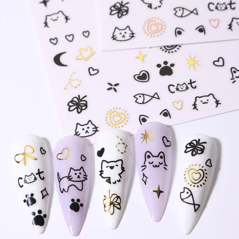 2pcs Cartoon Cat Holographic Nail Stickers – Childlike Heart & Star Designs in Silver Chrome