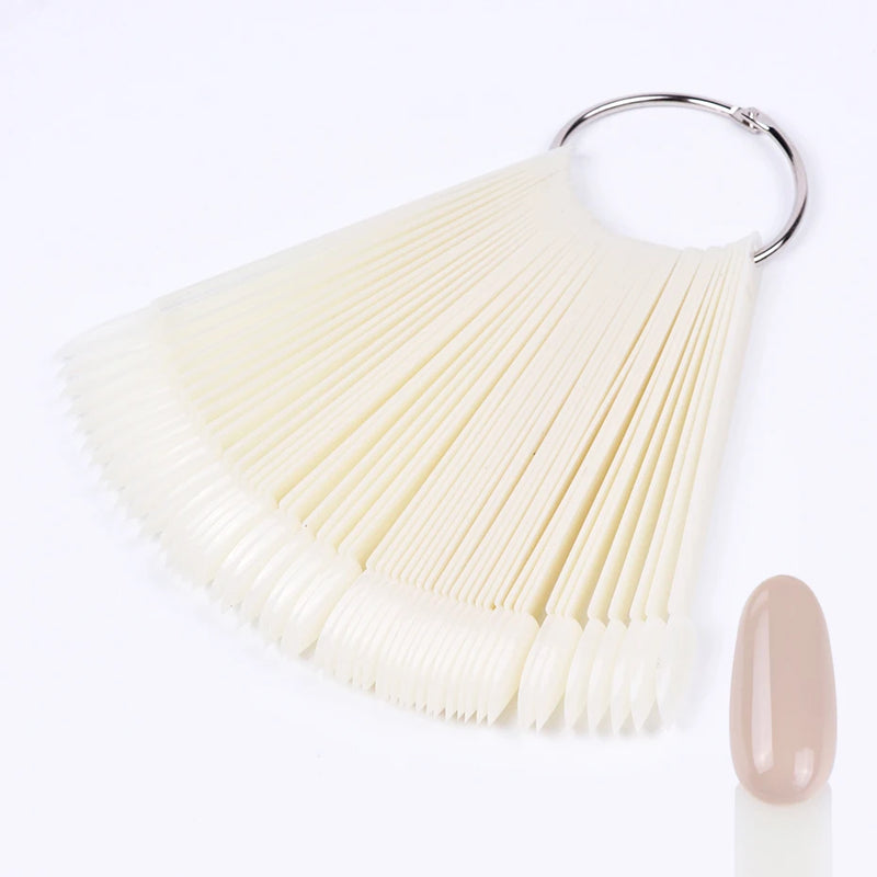 50pcs Fan-Shaped Nail Display Tips – Clear & Natural Colour Swatch Chart