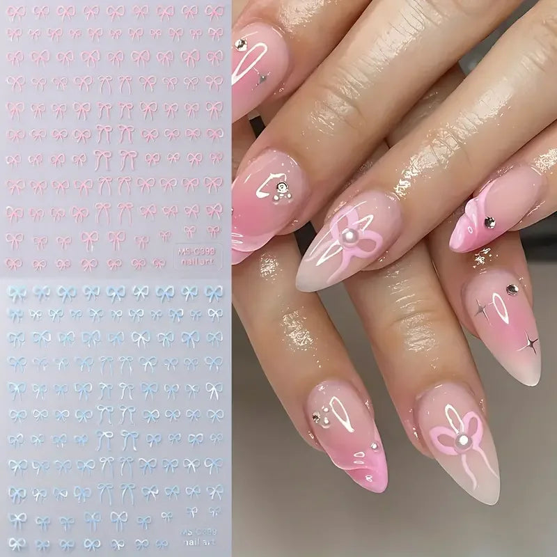 Mini Bowknot Nail Art Stickers – Self-Adhesive Lace Ribbon & Butterfly Decals, Black/White/Pink