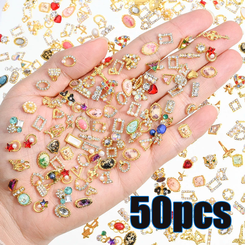 50pcs Random Luxury Nail Art Dangle Charms – Heart Bowknot Tassel Alloy 3D Nail Jewellery