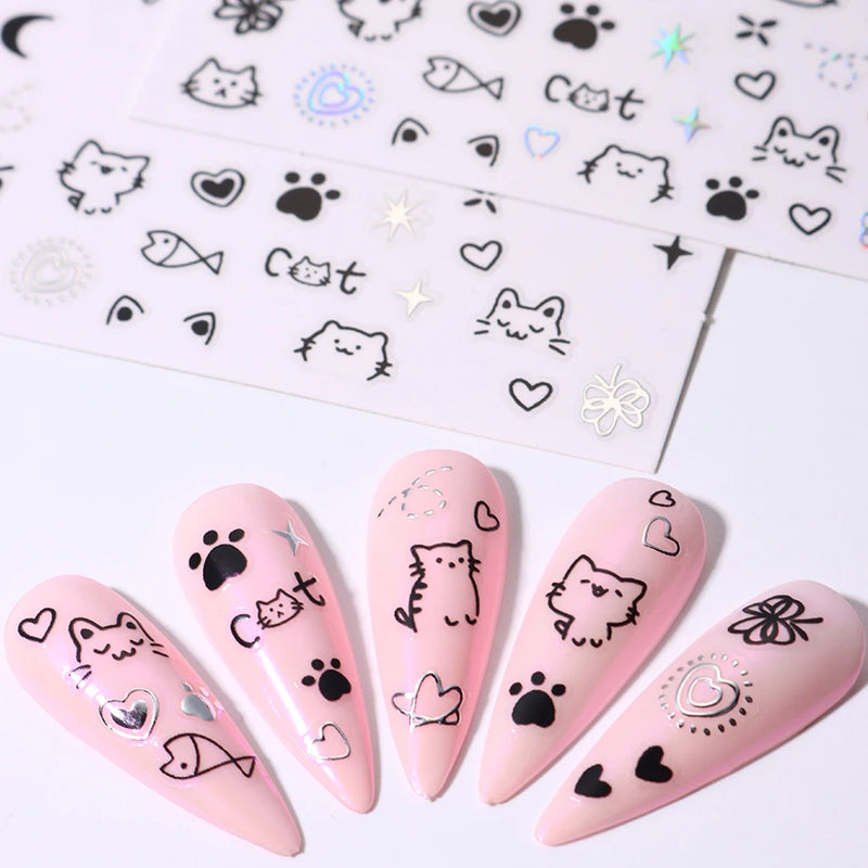 2pcs Cartoon Cat Holographic Nail Stickers – Childlike Heart & Star Designs in Silver Chrome