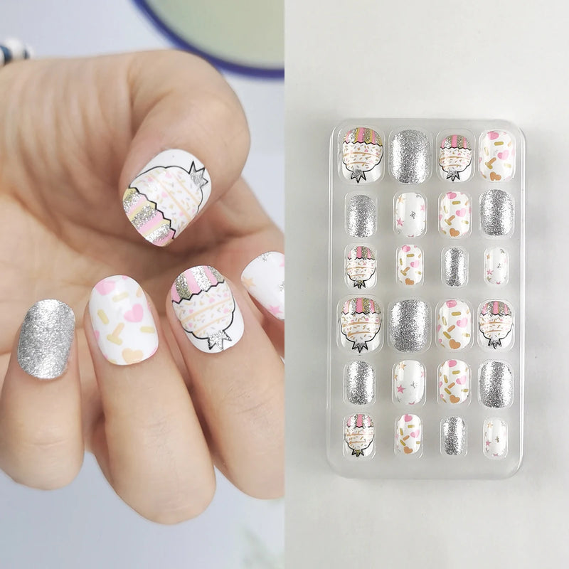 24Pcs Kids Press-On Nails – Glitter Bling Fake Nail Tips, DIY Manicure for Girls Aged 6+