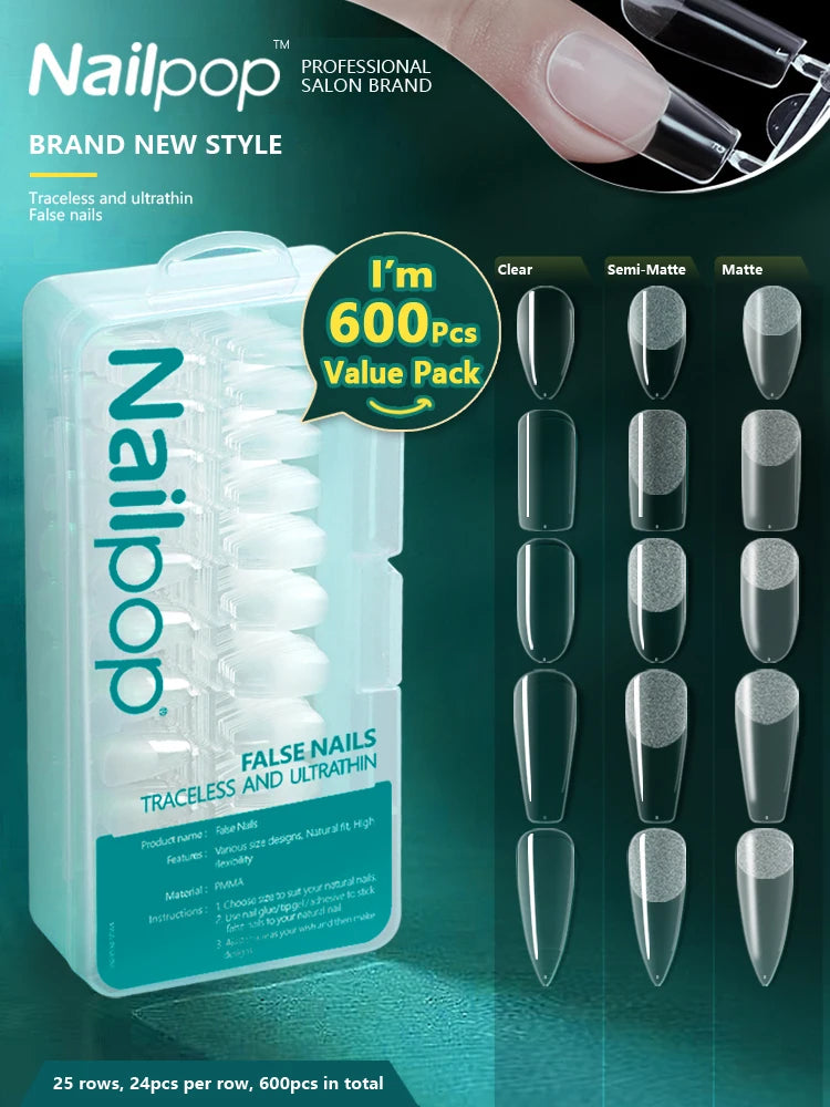 600PCS PRO Full Cover Fake Nail Tips – Clear, Matte & Semi-Matte Acrylic Nail Extensions