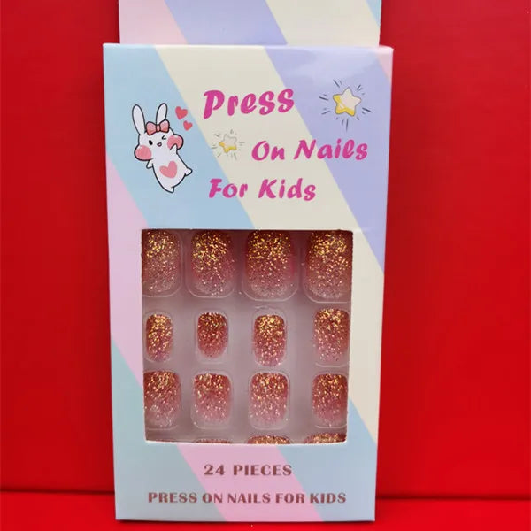 24Pcs Kids Press-On Nails – Glitter Bling Fake Nail Tips, DIY Manicure for Girls Aged 6+
