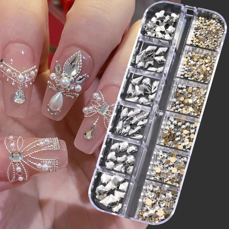 12 Grid Pink Crystal Nail Rhinestones – Luxury Nail Charms, Jewellery & Gems for Nail Art Decoration