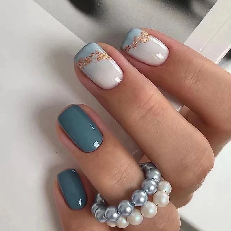 24pcs Short Round Full Cover Detachable Press-On Nails - French Blue & Pearl White with Heart Design