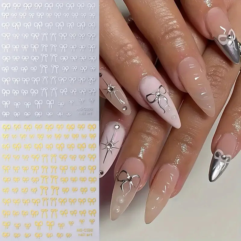 Mini Bowknot Nail Art Stickers – Self-Adhesive Lace Ribbon & Butterfly Decals, Black/White/Pink