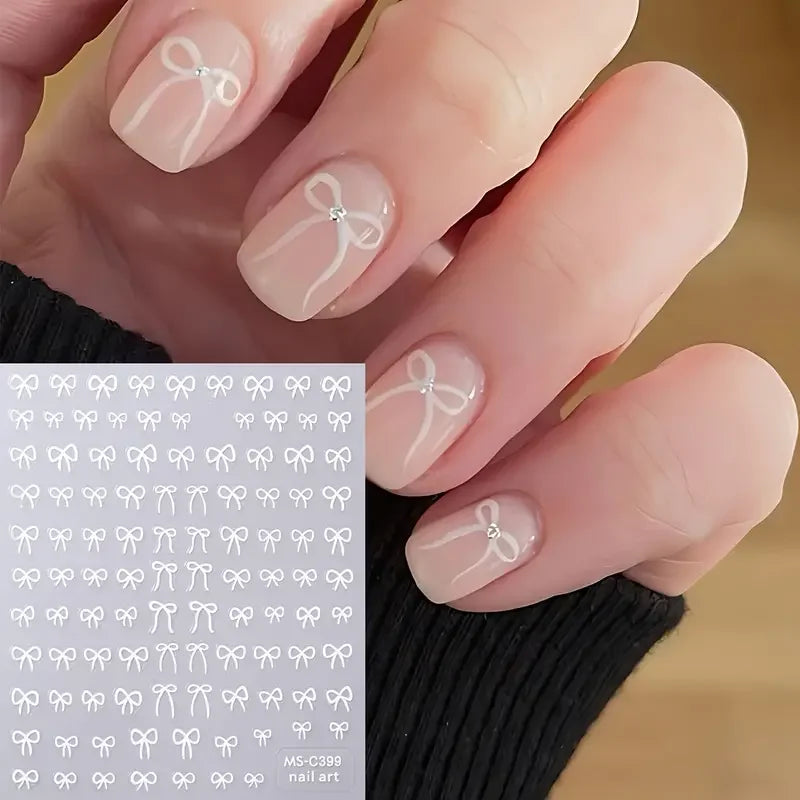 Mini Bowknot Nail Art Stickers – Self-Adhesive Lace Ribbon & Butterfly Decals, Black/White/Pink
