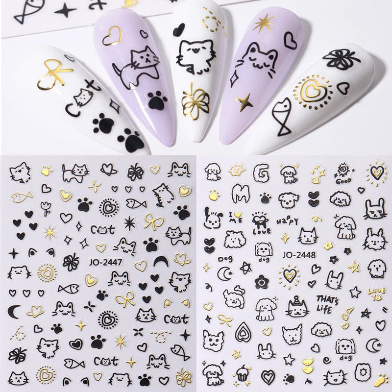 2pcs Cartoon Cat Holographic Nail Stickers – Childlike Heart & Star Designs in Silver Chrome