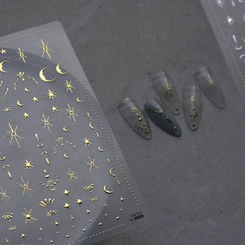 3D Gold Sun/Moon/Star Bronzing Nail Art Stickers – Gold & Silver Self-Adhesive Decals