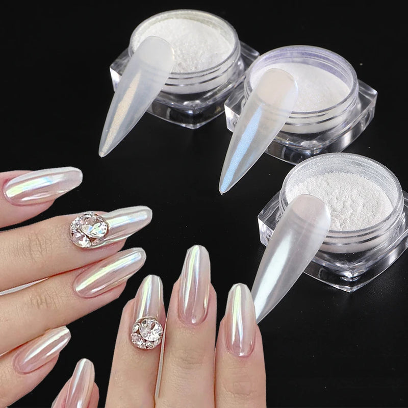 Moonlight Pearl White Chrome Powder – Aurora Mirror Nail Glitter
