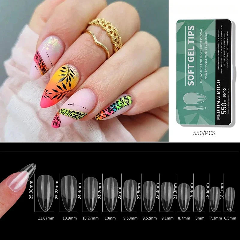 550pcs/Box Clear Acrylic Long Fake Nails – Almond, French, Coffin, Full Half Cover False Nail Tips
