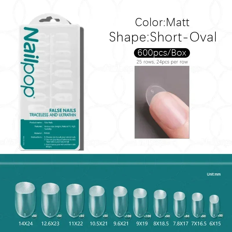 600PCS PRO Full Cover Fake Nail Tips – Clear, Matte & Semi-Matte Acrylic Nail Extensions