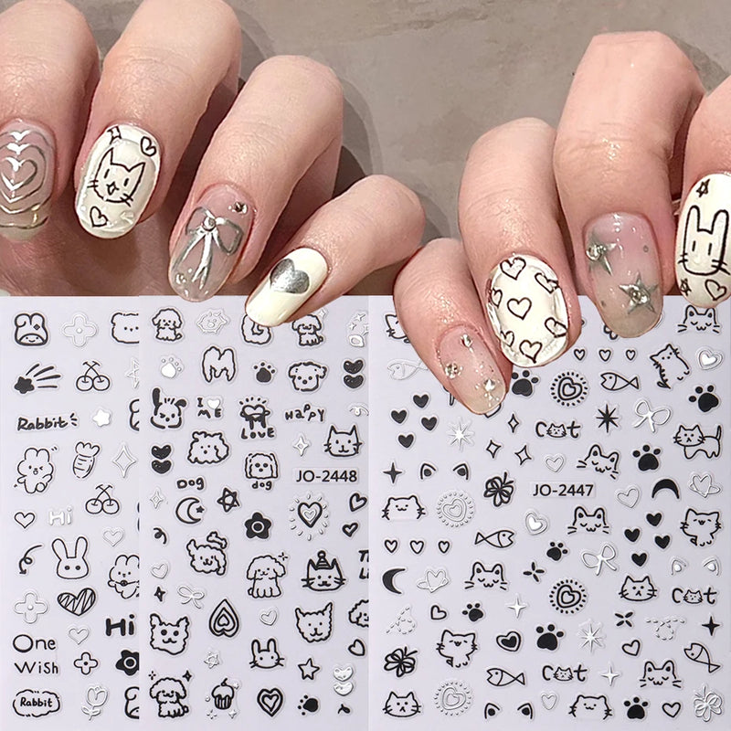 2pcs Cartoon Cat Holographic Nail Stickers – Childlike Heart & Star Designs in Silver Chrome