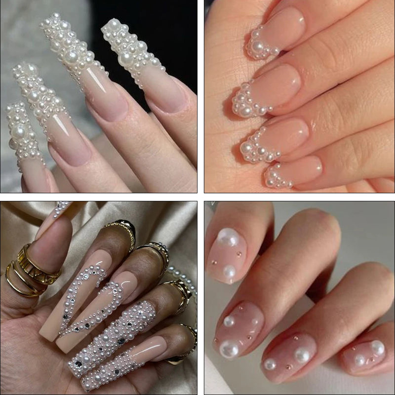 White Pearl Nail Art Rhinestones – Mixed Size Half Round Flatback Beads (12 Grids, Acrylic Stones)