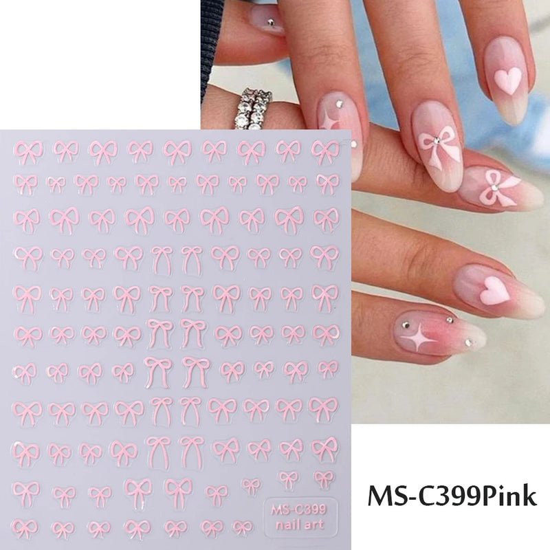 Mini Bowknot Nail Art Stickers – Self-Adhesive Lace Ribbon & Butterfly Decals, Black/White/Pink
