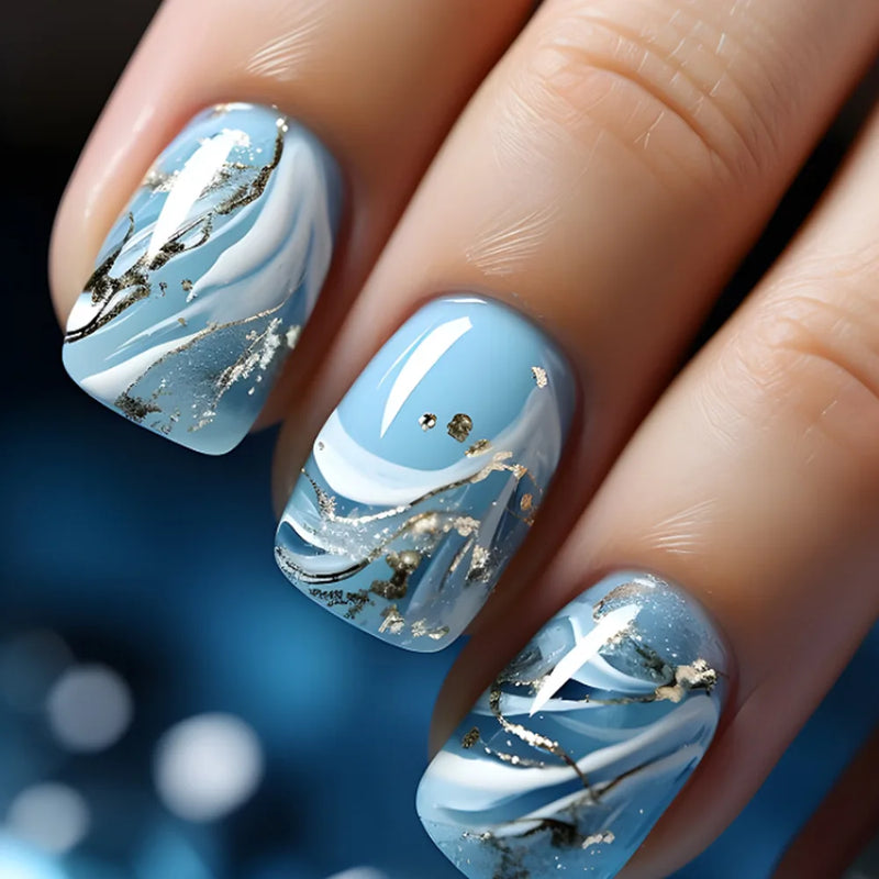 24pcs Short Round Full Cover Detachable Press-On Nails - French Blue & Pearl White with Heart Design